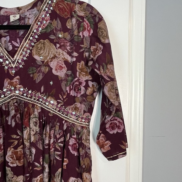 Indian‎ Burgundy Floral Dress Tunic Women's XL Embellished V-neck Party Festival - Picture 5 of 14